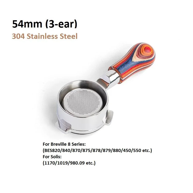 54mm 3-Ear Coffee Portafilter, 304 Stainless Steel Luxury Wooden Handle Espresso Holder Compatible with Breville 820 880 Series & Solis