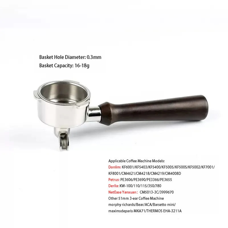 51mm 3-Ear Bottomed Portafilter for Donlim/Homix/Gypas//Sachi Espresso Machines, 304 Stainless Steel Coffee Handle with Basket