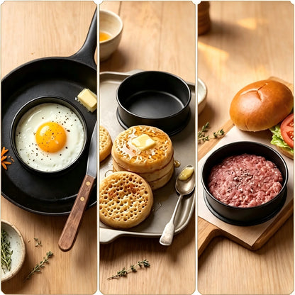 6PCS Tart Crumpet Muffin Ring Set Stainless Steel Nonstick Black Double-Rolled for Pancake Pastry Omelet Home Baking