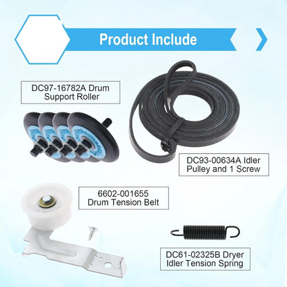 Dryer Repair Kit Replacement Compatible with Samsung - DC97-16782A Drum Roller 6602-001655 Drum Tension Belt DC93-00634A Idler Pulley Spring
