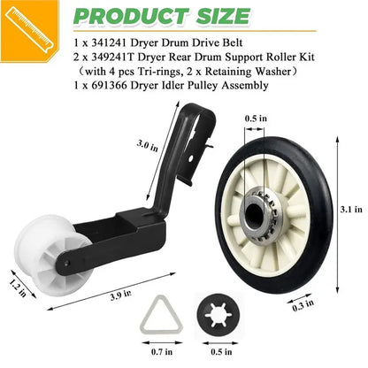 A39M Replacement Drum Roller Kit(349241T), 691366 Idler Pulley And 341241 Belt For Dryer 4392065 Compatible with Whirlpool Kenmore Rep