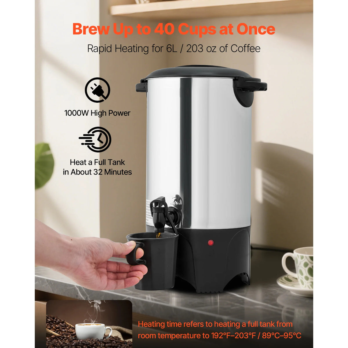 SucceBuy Commercial Coffee Urn 40 Cup 6 L Hot Beverage Dispenser with Dripless Faucet Quick-Brewing Coffee Maker for Catering