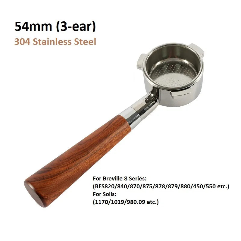 54mm 3-Ear Coffee Portafilter, 304 Stainless Steel Luxury Wooden Handle Espresso Holder Compatible with Breville 820 880 Series & Solis
