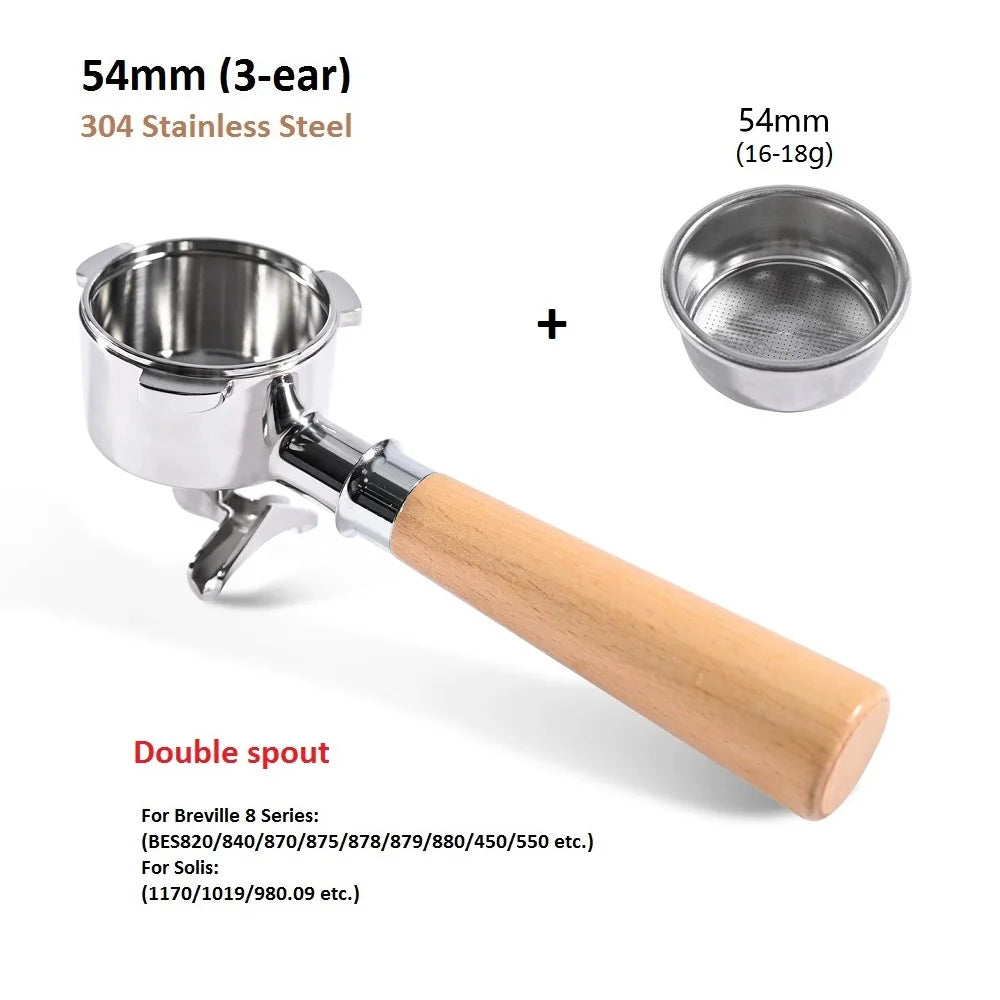 54mm 3-Ear Coffee Portafilter, 304 Stainless Steel Luxury Wooden Handle Espresso Holder Compatible with Breville 820 880 Series & Solis