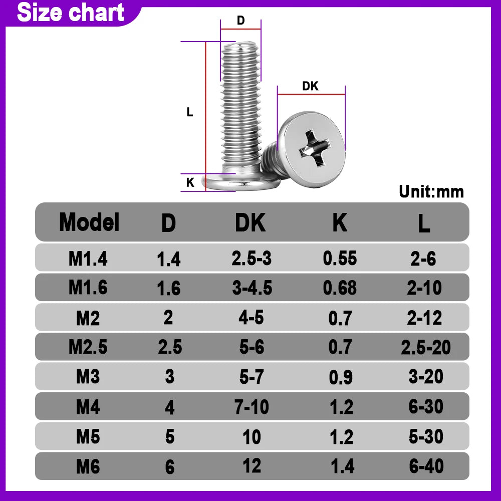 304 Stainless Steel Phillips Ultra Thin Flat Wafer Head Screw Thin Laptop Cross Bolt Screw for Computer M1.6 M2 M2.5 M3 M4 M5 M6