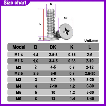 304 Stainless Steel Phillips Ultra Thin Flat Wafer Head Screw Thin Laptop Cross Bolt Screw for Computer M1.6 M2 M2.5 M3 M4 M5 M6