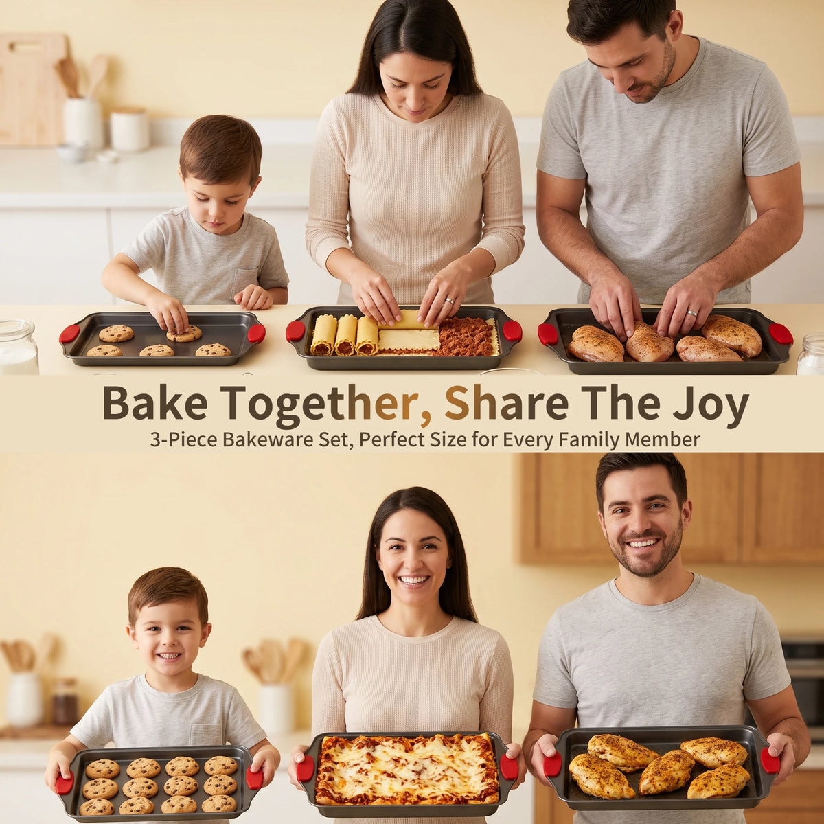 3pcs Carbon Steel NonStick Baking Pan Set. Luxury Stylish Design with Red Silicone Handles. Nonstick Steel Bakeware, Restaurantgrade Rimmed Baking Sheets. Easytoclean Trays, Ideal for Cookies, Pizza, Cakes & Home Kitchen Baking.