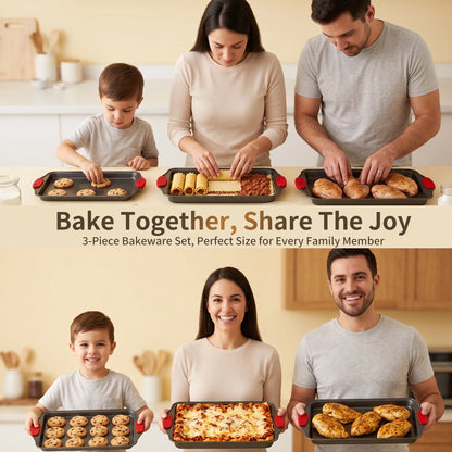 3pcs Carbon Steel NonStick Baking Pan Set. Luxury Stylish Design with Red Silicone Handles. Nonstick Steel Bakeware, Restaurantgrade Rimmed Baking Sheets. Easytoclean Trays, Ideal for Cookies, Pizza, Cakes & Home Kitchen Baking.