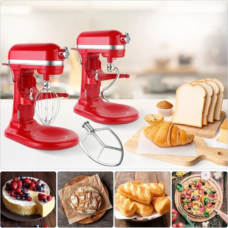 B64B-Stainless Steel 3‑Piece Attachments For Kitchenaid 5.5-6QT Mixer,Flat Beater,Dough Hook,6‑Wire Whip For Stand Mixers