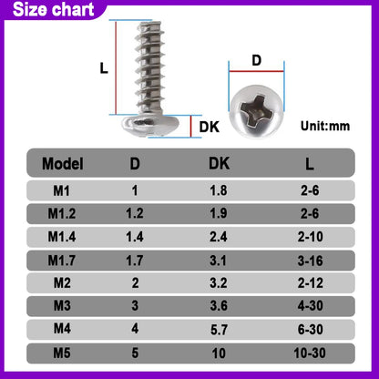 304 Stainless Steel Cross Round Pan Head with Washer Pad Collar Self-tapping Wood Screw Phillips Screws M1.2M1.4 M1.7 M2 M2.3-M5