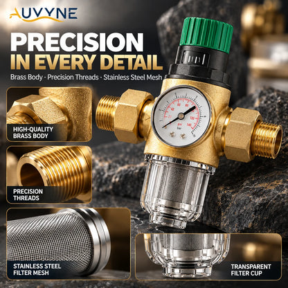 AUVYNE 2-in-1 Adjustable Brass Water Pressure Reducing Valve with Gauge and Sediment Filter for Home Plumbing