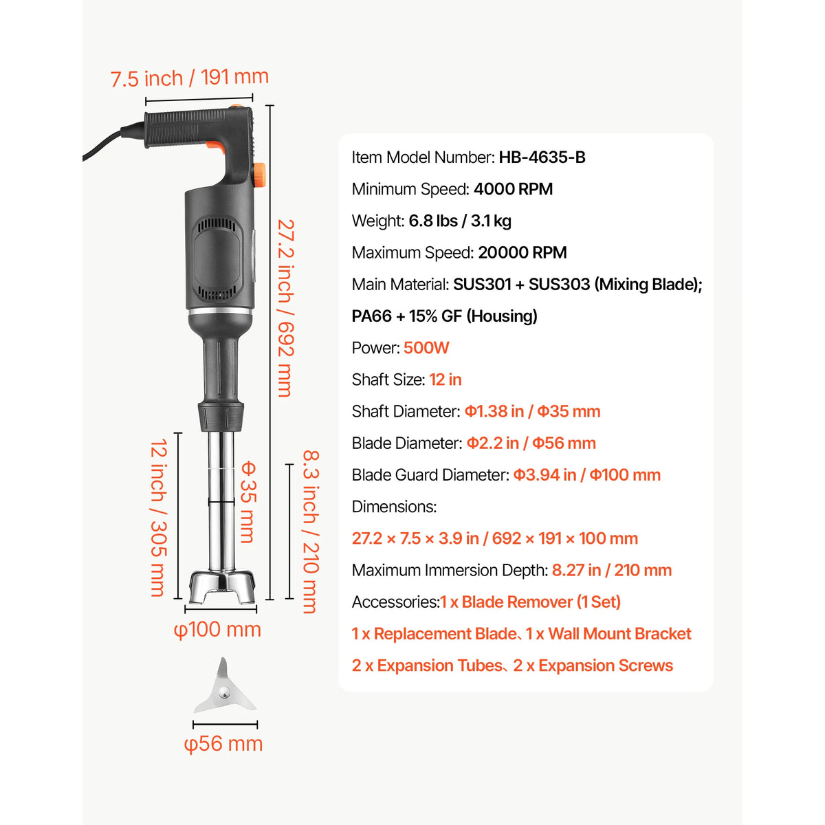 SucceBuy Commercial Immersion Blender for Restaurant Handheld Stick for Soups Sauces Variable Speed Stainless Steel 3-Blade Head