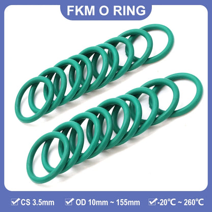 10/50Pcs FKM Sealing O-Ring CS 3.5mm OD 10mm ~ 155mm Green Fluororubber Rubber High Temperature Acid Alkali Gasket
