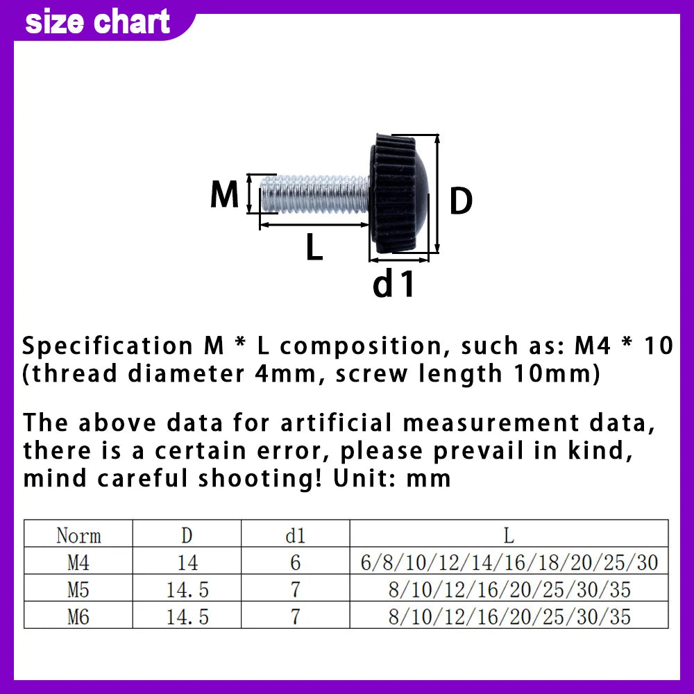 10/20/30Pcs Black White Plastic Knob Round Head Handle Hand Screw Knurled Rubber Thumb Screw Plastic Tighten Bolt Nuts M4 M5 M6