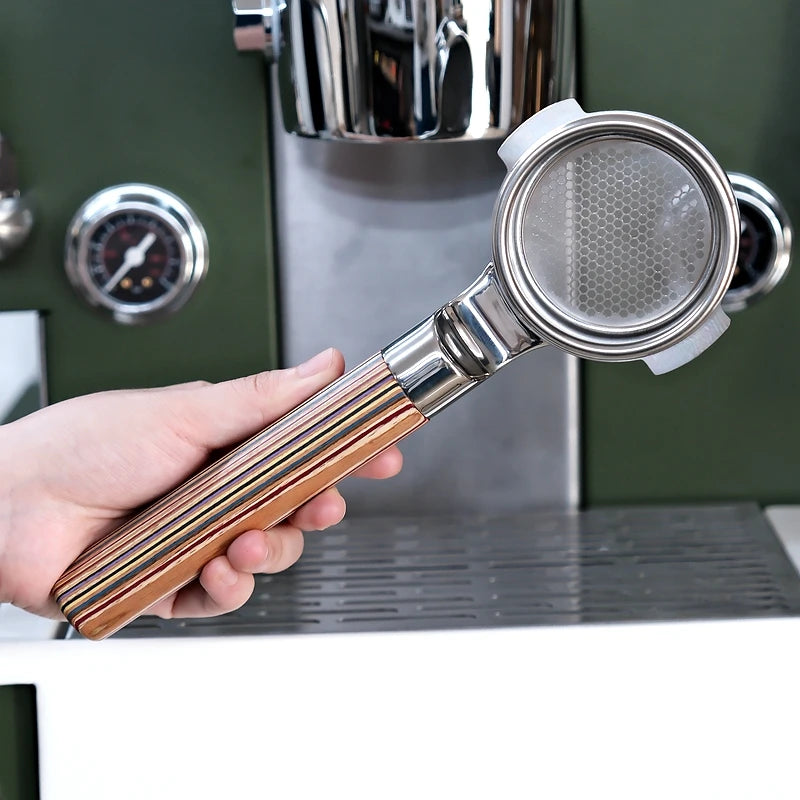 Mischief 58mm Bottomless Portafilter | Rainbow Skateboard Wood Handle | 316 Stainless Steel | Espresso Coffee Machine Accessory