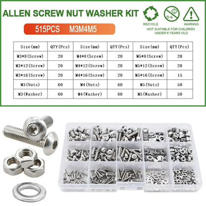 M2 M3 M4 M5 M6 304 Stainless Steel Allen Screw Nut Washer Kit Hex Socket Bolts Gaskets Set Hexagonal Machine Screws Assortment