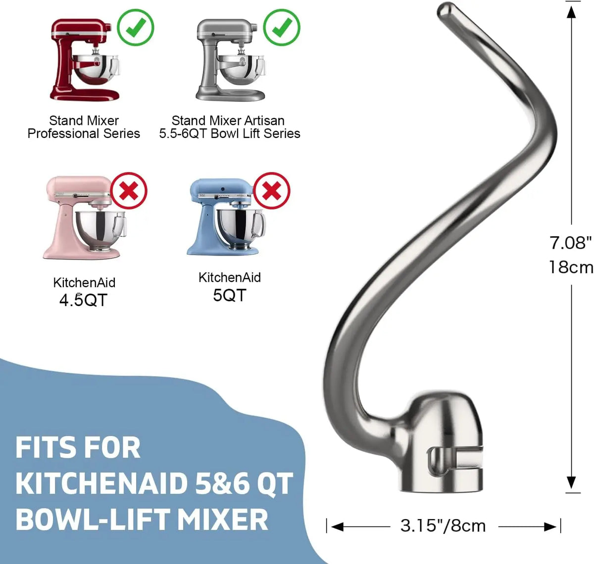 Stainless Steel Dough Hook for KitchenAid 5QT-6QT Bowl-Lift Stand Mixers, Fits Professional 5 Plus, Pro 600 Series, KV25, KP26