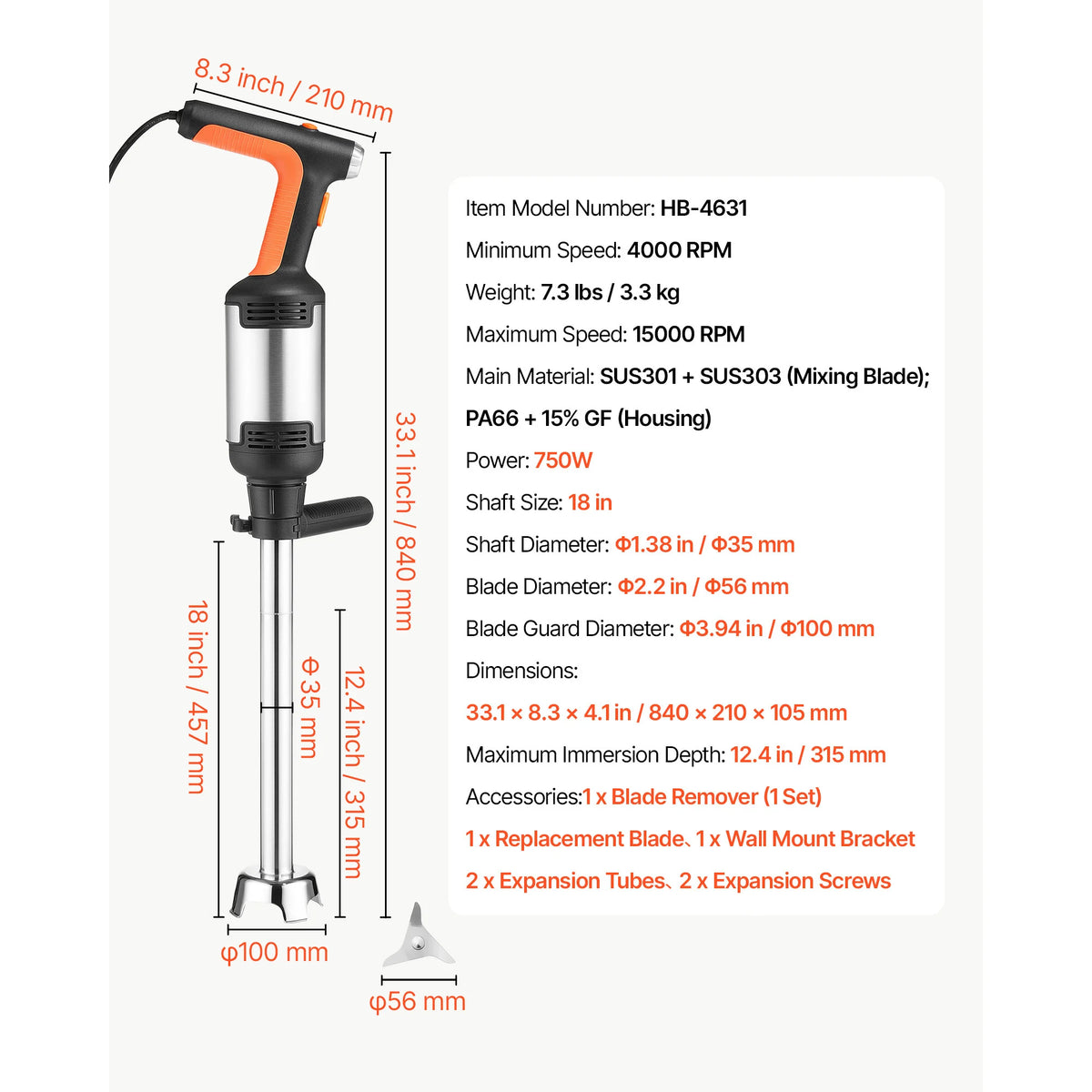 SucceBuy Commercial Immersion Blender for Restaurant Handheld Stick for Soups Sauces Variable Speed Stainless Steel 3-Blade Head