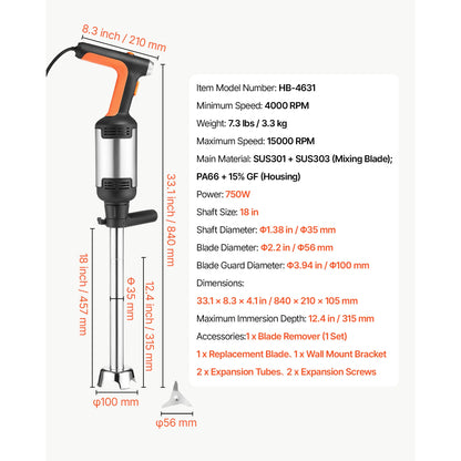 SucceBuy Commercial Immersion Blender for Restaurant Handheld Stick for Soups Sauces Variable Speed Stainless Steel 3-Blade Head