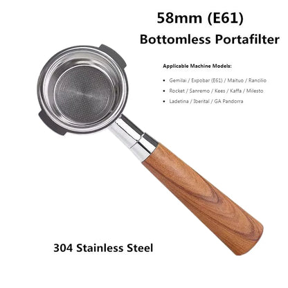 58mm Bottomless Coffee Portafilter for Expobar E61 Rocket Coffee Machine with Double Spout 304 Stainless Steel Filter Basket