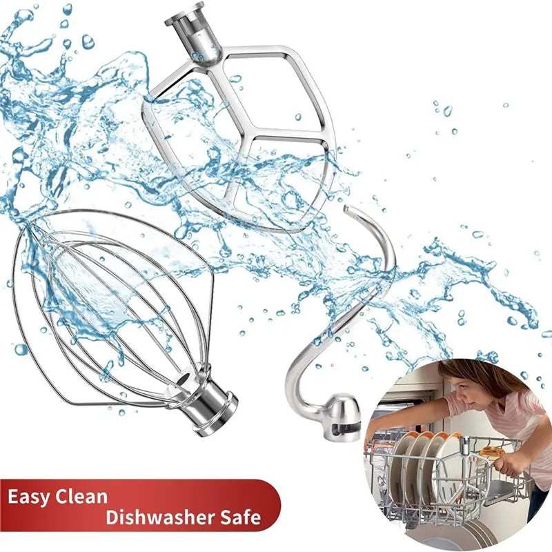 B64B-Stainless Steel 3‑Piece Attachments For Kitchenaid 5.5-6QT Mixer,Flat Beater,Dough Hook,6‑Wire Whip For Stand Mixers