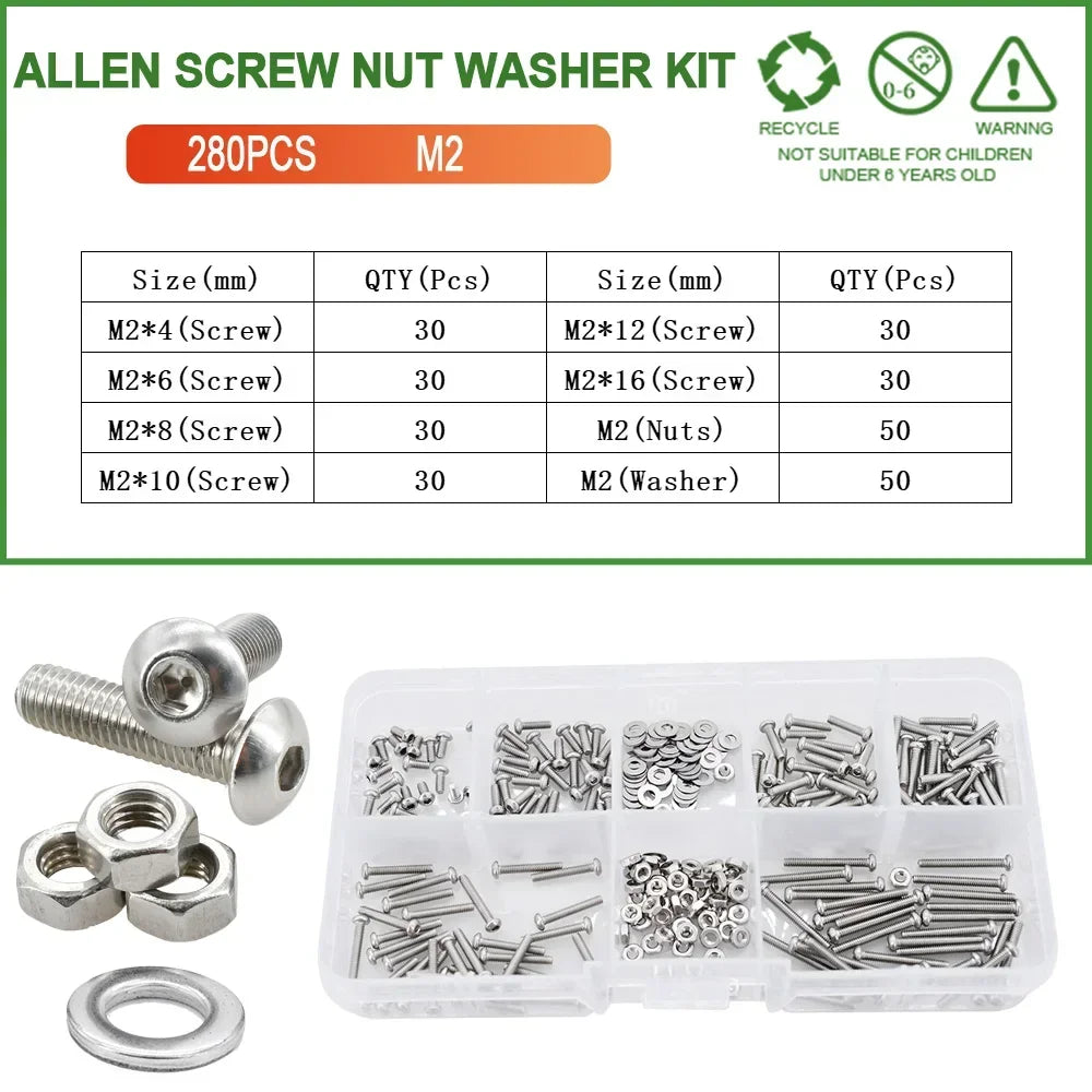 M2 M3 M4 M5 M6 304 Stainless Steel Allen Screw Nut Washer Kit Hex Socket Bolts Gaskets Set Hexagonal Machine Screws Assortment