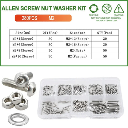 M2 M3 M4 M5 M6 304 Stainless Steel Allen Screw Nut Washer Kit Hex Socket Bolts Gaskets Set Hexagonal Machine Screws Assortment