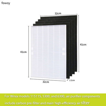 For Winix Models 115115, 5300, and 6300, Air Purifier Components Include Carbon Pre-Filter and Main High-Efficiency Air Filter