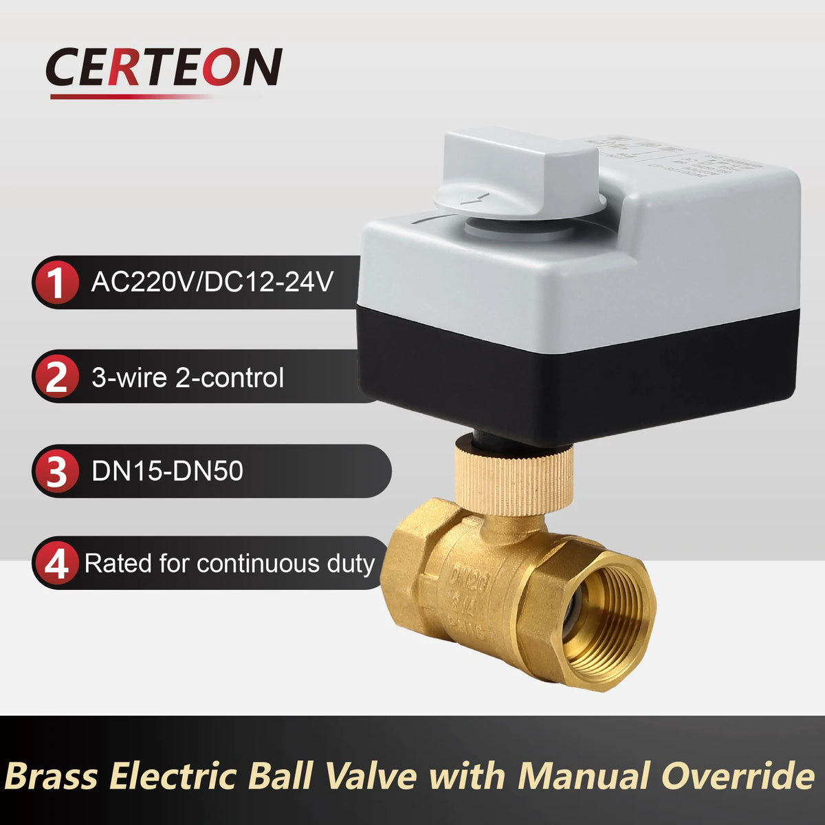 AC220V 24V Electric Brass Motorized Ball Valve 2/3 Way Manual Override Three Wire Control Water Shut Off Valve for Solar HVAC