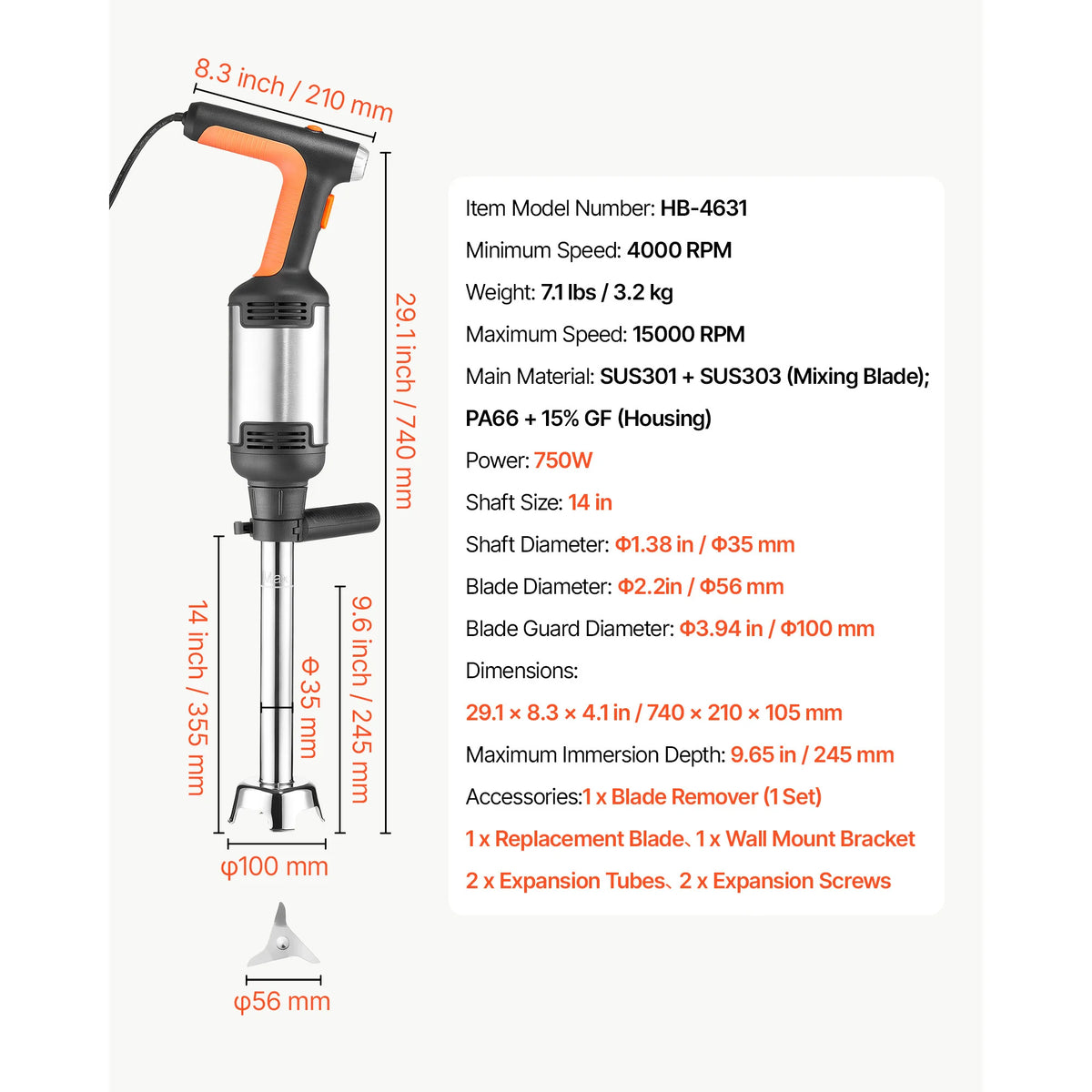 SucceBuy Commercial Immersion Blender for Restaurant Handheld Stick for Soups Sauces Variable Speed Stainless Steel 3-Blade Head