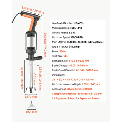 SucceBuy Commercial Immersion Blender for Restaurant Handheld Stick for Soups Sauces Variable Speed Stainless Steel 3-Blade Head