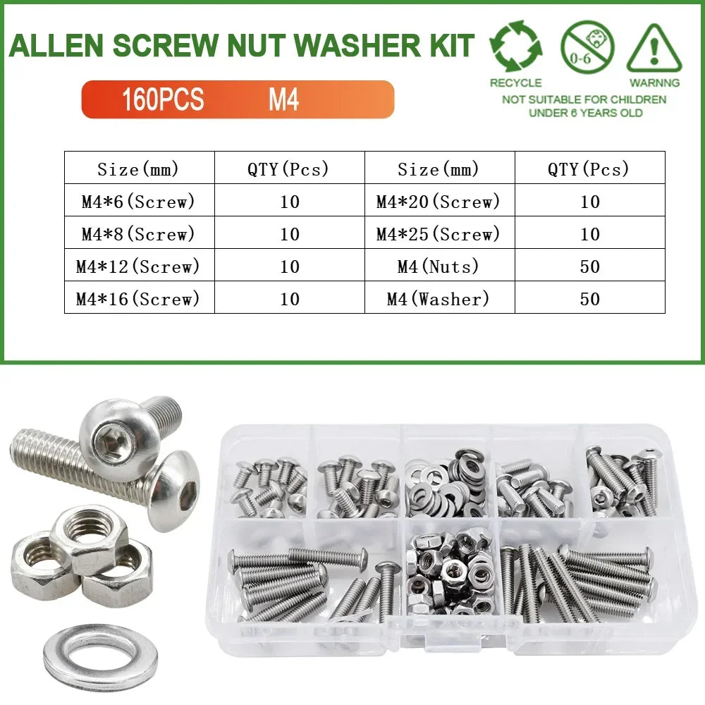 M2 M3 M4 M5 M6 304 Stainless Steel Allen Screw Nut Washer Kit Hex Socket Bolts Gaskets Set Hexagonal Machine Screws Assortment