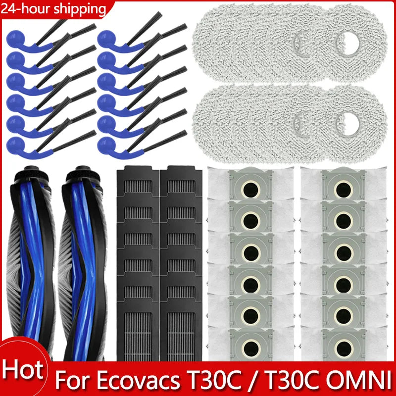 Compatible with Ecovacs Deebot T30C / T30C OMNI Parts Main Roller Side Brush Filter Mop Cloth Dust Bag