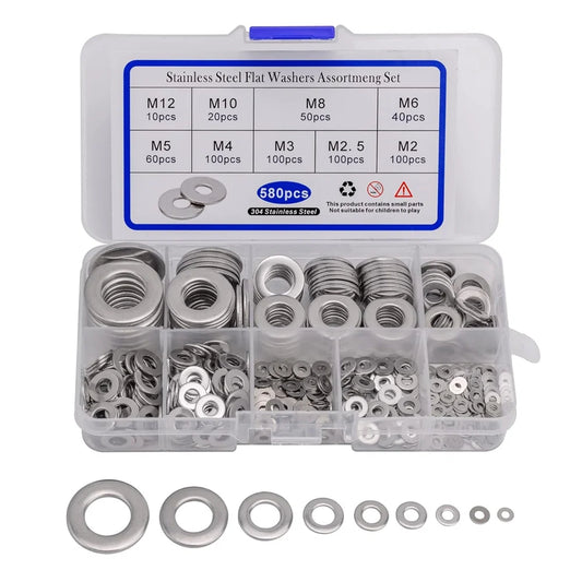 580Pcs Assorted 304 Stainless Steel Flat Washers Assortment Set Sealing Ring Gasket Fastener Round Spacer Metal Screw Washer Kit