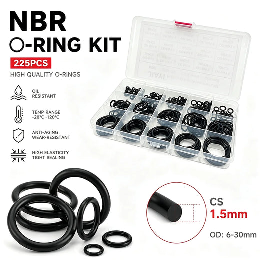225pcs Black NBR O-ring Combination Cs1.5mm OD6-30mm Pressure Resistant/Valve Water Pump Joint Leak Sealing Kit