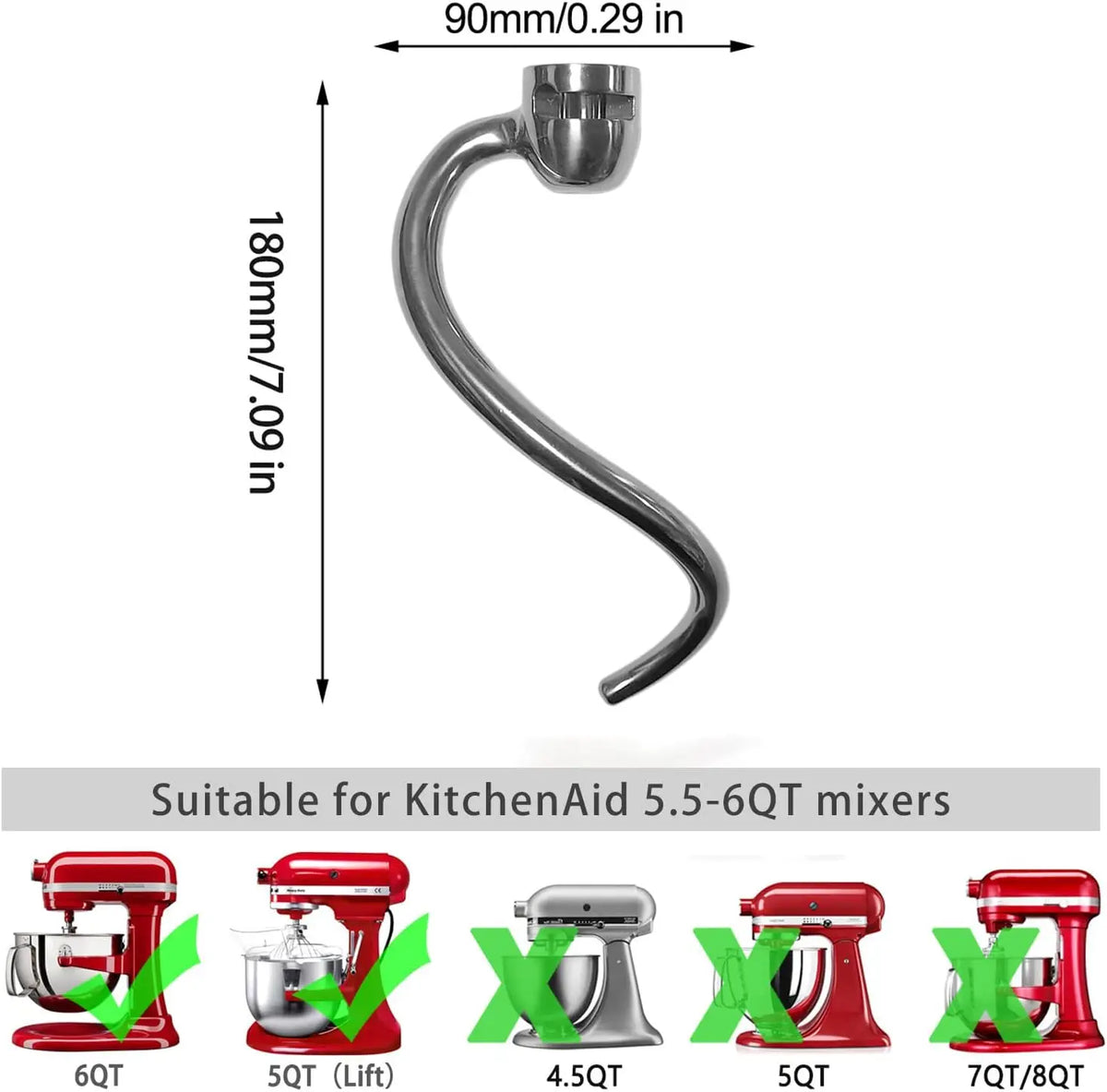 Spiral Dough Hook for Kitchenaid Stand Mixer 6qt, Stainless Steel Dough Hook Spiral Dough Hook Replacement Stainless Steel Acces