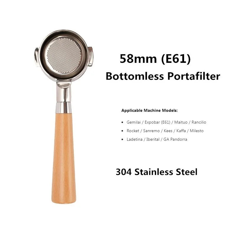 58mm Bottomless Coffee Portafilter for Expobar E61 Rocket Coffee Machine with Double Spout 304 Stainless Steel Filter Basket