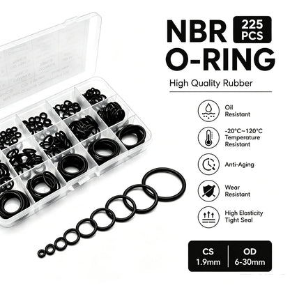 225Pcs Nitrile Rubber Round Sealing Gasket CS 1.9mm OD6-30mm Corrosion Car Plumbing Faucet O-ring