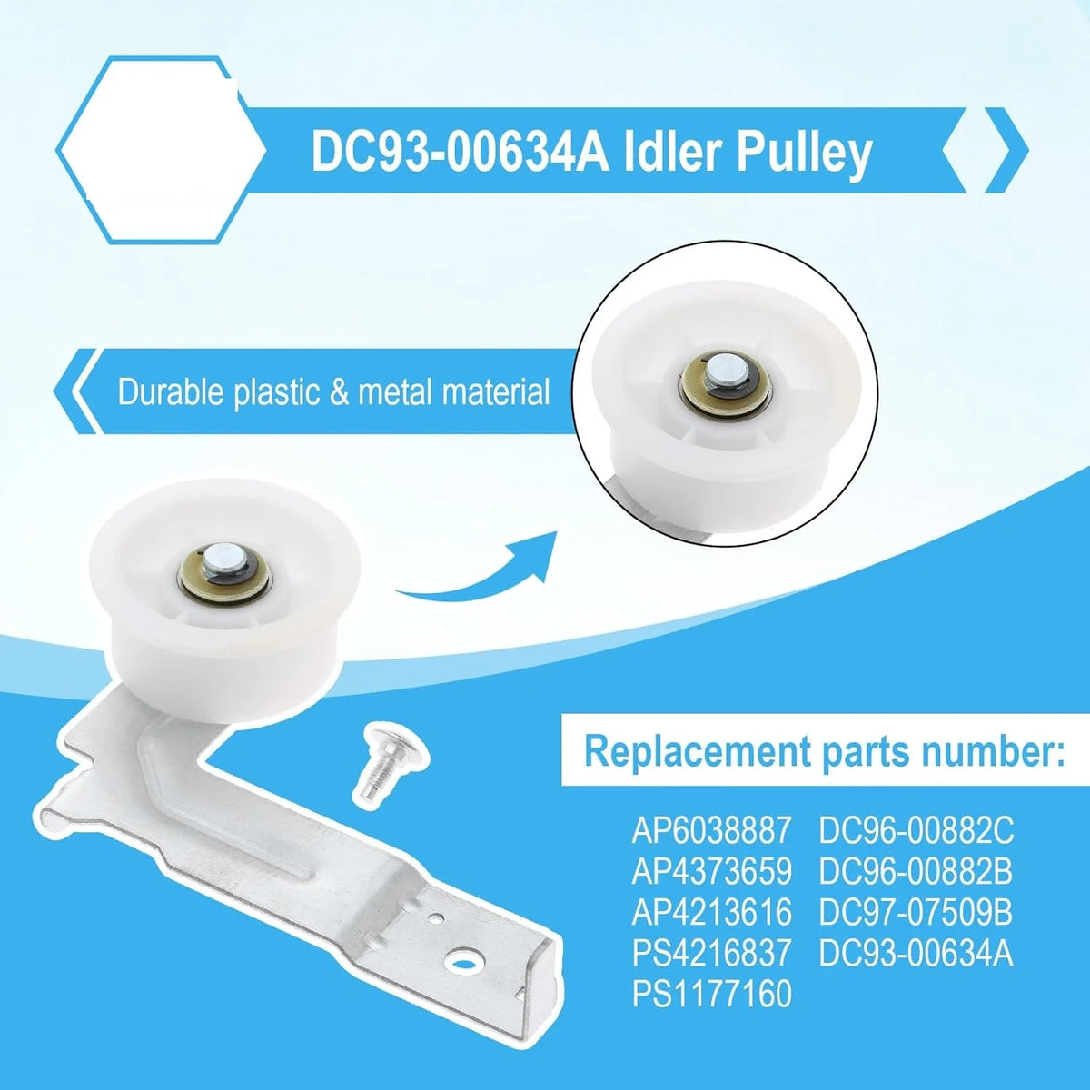 Dryer Repair Kit Replacement Compatible with Samsung - DC97-16782A Drum Roller 6602-001655 Drum Tension Belt DC93-00634A Idler Pulley Spring
