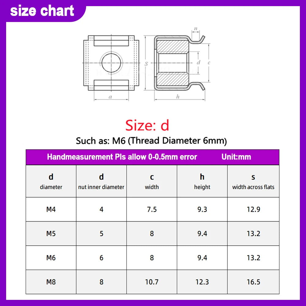 304 Stainless Steel Card Cage Nuts Quartet Floating Nuts Square Snap-In Nut for Rack Mount Server Cabinet 5pcs-10pcs M4 M5 M6 M8