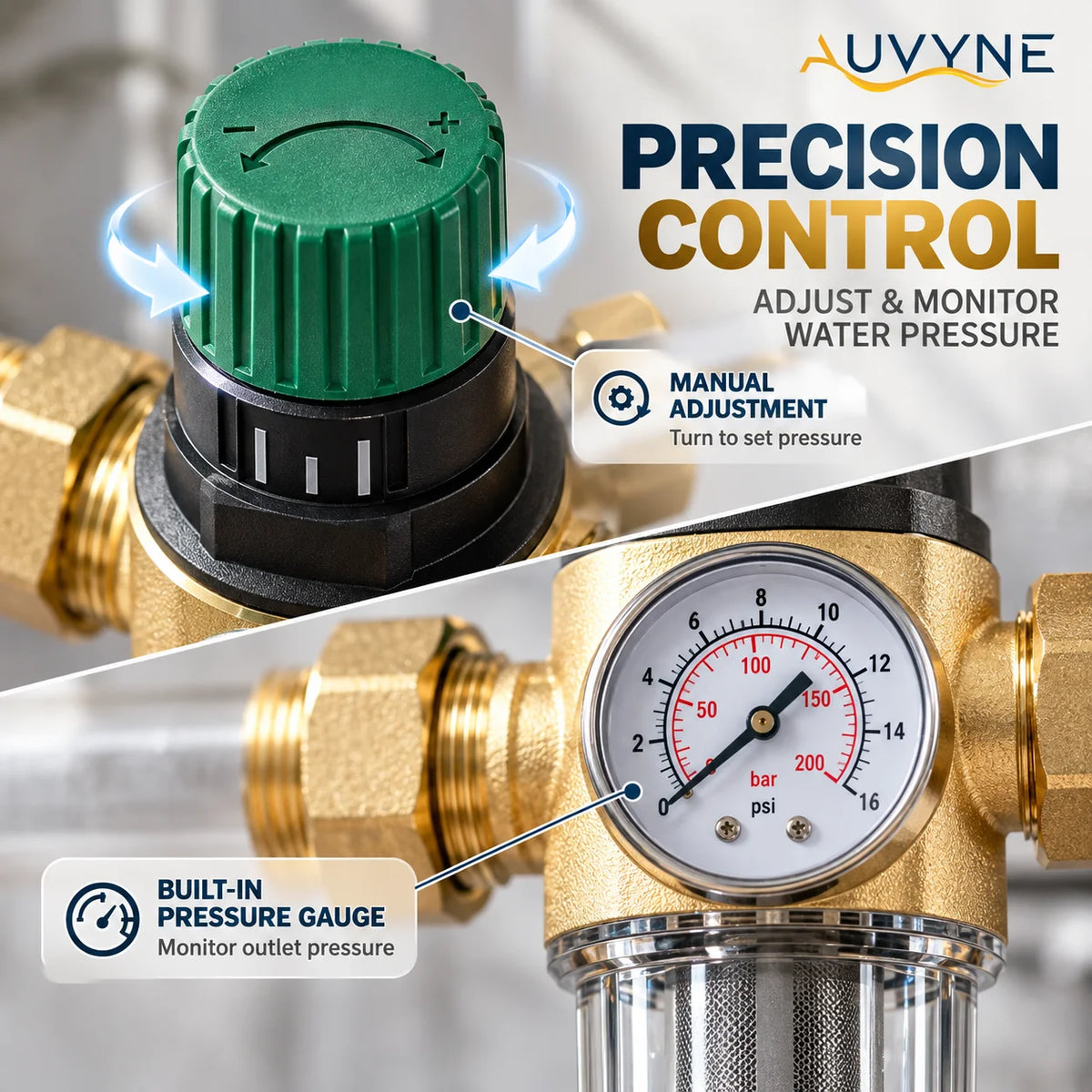 AUVYNE 2-in-1 Adjustable Brass Water Pressure Reducing Valve with Gauge and Sediment Filter for Home Plumbing