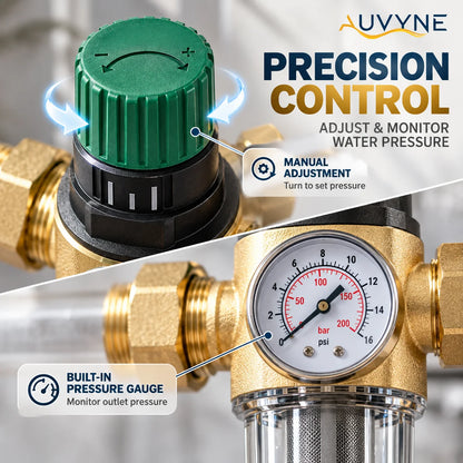 AUVYNE 2-in-1 Adjustable Brass Water Pressure Reducing Valve with Gauge and Sediment Filter for Home Plumbing