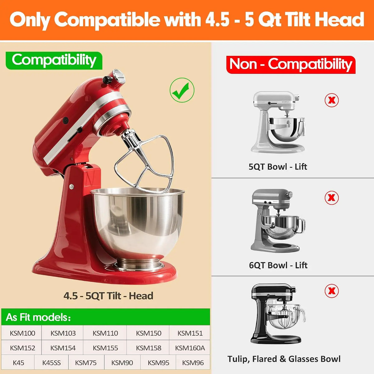 K45B Stainless Steel Flat Beater for KitchenAid Tilt-Head Mixers | Fits 4.5-5 Qt tilt-head models: K45, K45SS, KSM75, KSM90