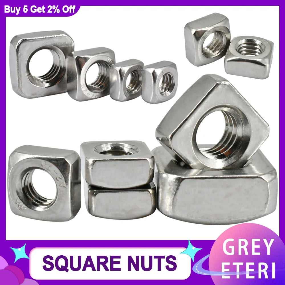 3-100pcs 304 Stainless Steel Metric Threaded Square Nut Foursquare Quadrate A2-70 M3M4 M5 M6 M8 M10 M12 Square Nuts