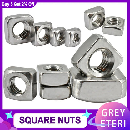 3-100pcs 304 Stainless Steel Metric Threaded Square Nut Foursquare Quadrate A2-70 M3M4 M5 M6 M8 M10 M12 Square Nuts