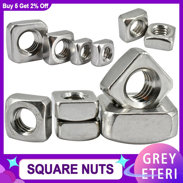 3-100pcs 304 Stainless Steel Metric Threaded Square Nut Foursquare Quadrate A2-70 M3M4 M5 M6 M8 M10 M12 Square Nuts