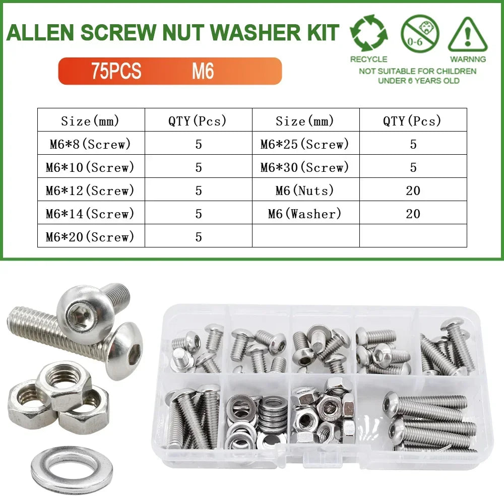 M2 M3 M4 M5 M6 304 Stainless Steel Allen Screw Nut Washer Kit Hex Socket Bolts Gaskets Set Hexagonal Machine Screws Assortment