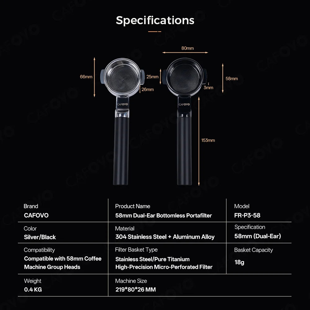CAFOVO P3-58 Bottomless Portafilter 58mm Pure Titanium Precision Basket 1850 Precision Holes 0.2mm Anodized for Espresso