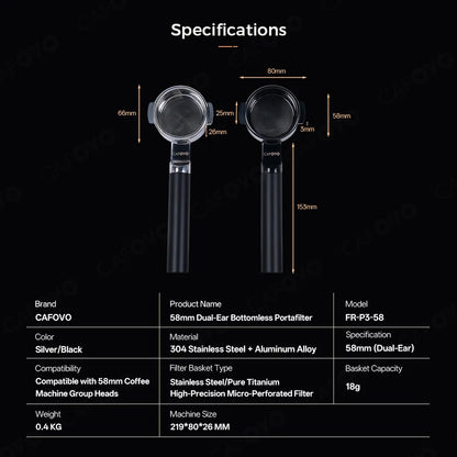 CAFOVO P3-58 Bottomless Portafilter 58mm Pure Titanium Precision Basket 1850 Precision Holes 0.2mm Anodized for Espresso