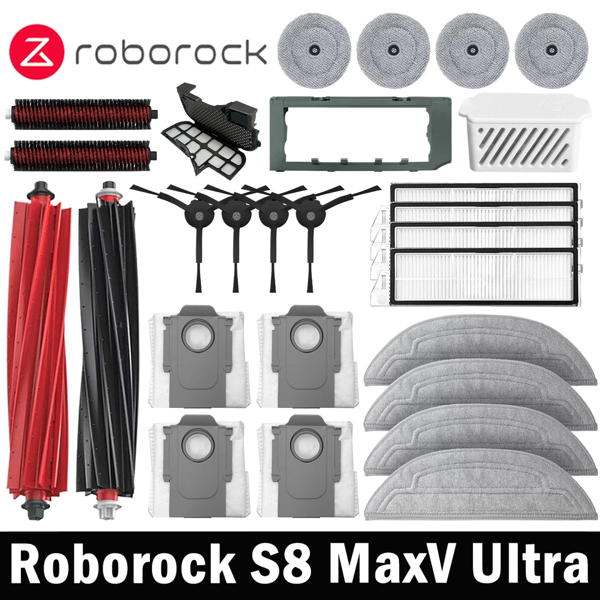 Compatible with Roborock S8 MaxV Ultra Robot Vacuum Spare Parts Main Side Brushes Mop Cloths HEPA Filters Dust Bags Accessories